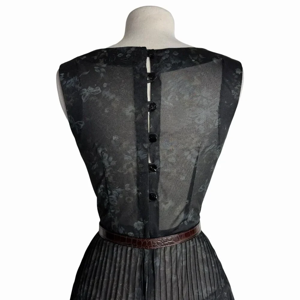 Whimsigoth Black Pleated Midi Dress Sheer Chiffon Cowl Neck Floral Small